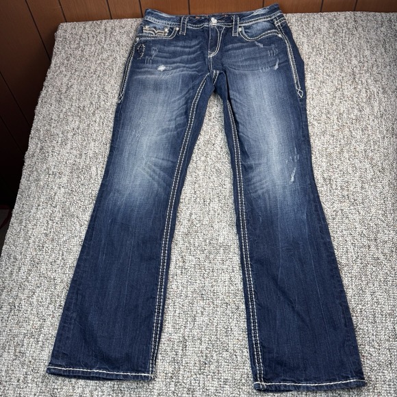 Rock Revival Denim - Rock Revival Kai Jeans Womens 30 Fits 32x32 Easy Boot Rhinestone Blue Denim